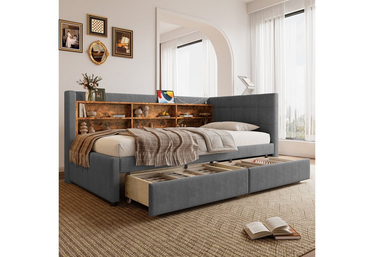 Merax Daybett Schlafsofa mit USB- & Typ-C-Anschlüssen (Leinen Sofabett Kinderbett Jugendbett Polsterbett, 1 tlg), Tagesbett 90x200cm mit 2 Schubladen, Ablageflächen und Retro-Kopfteil