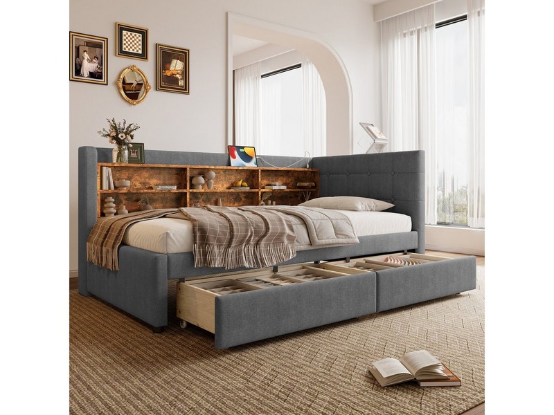 Merax Daybett Schlafsofa mit USB- & Typ-C-Anschlüssen (Leinen Sofabett Kinderbett Jugendbett Polsterbett, 1 tlg), Tagesbett 90x200cm mit 2 Schubladen, Ablageflächen und Retro-Kopfteil