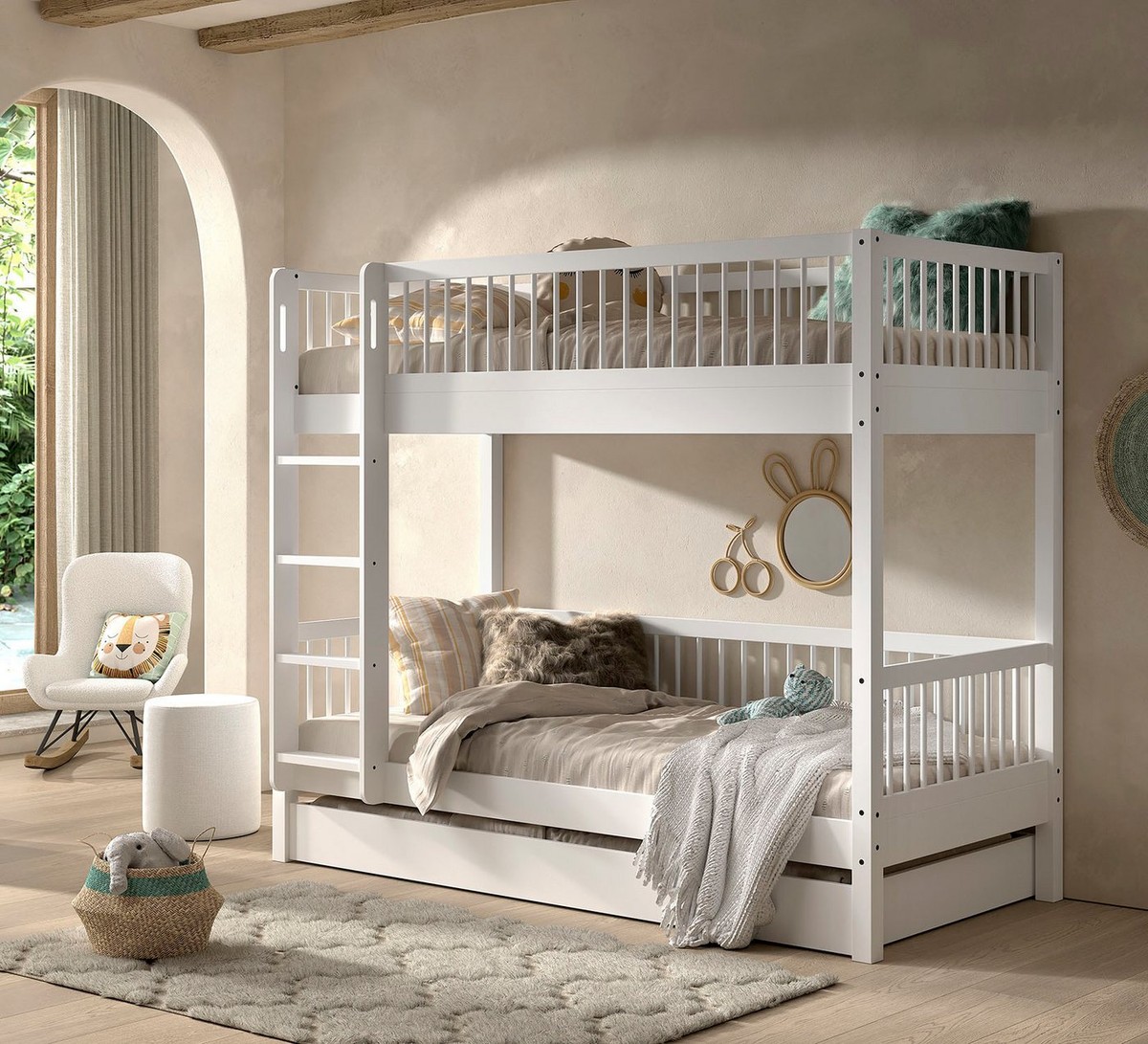 Vipack Etagenbett Buche massiv weiß, Made in Europe, langlebige Qualität (B/H/T ca. 208x176x98cm, inkl. Leiter, Absturzschutz oben umlaufend), 2 Lattenroste, wahlweise mit oder ohne Bettschublade