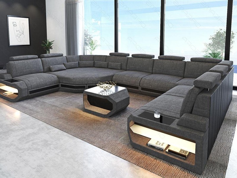 Sofa Dreams Wohnlandschaft Stoff Sofa Polster Couch Asti, Webstoff Strukturstoff, U Form Stoffsofa mit LED, USB-Anschluss, große Ecke, Designersofa