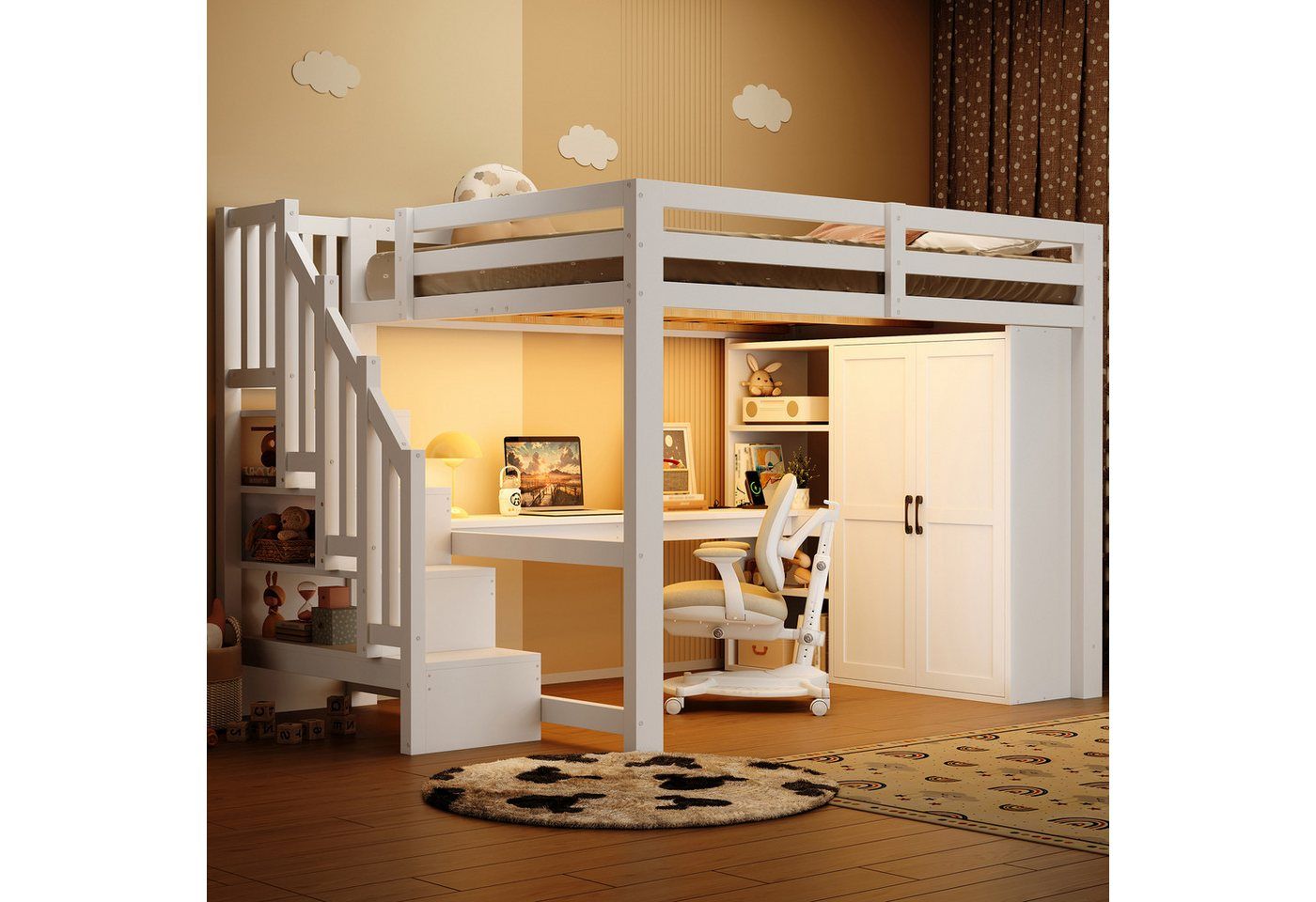 Odikalo Hochbett 140x200 Kinderbett Jugendbett mit Schreibtisch Kleiderschrank und LED (mit Schreibtisch und Regal, Kleiderschrank, Stauraumtreppe, USB und LED-Leuchten, Weiß)