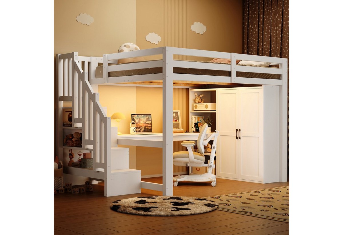 Odikalo Hochbett 140x200 Kinderbett Jugendbett mit Schreibtisch Kleiderschrank und LED (mit Schreibtisch und Regal, Kleiderschrank, Stauraumtreppe, USB und LED-Leuchten, Weiß)