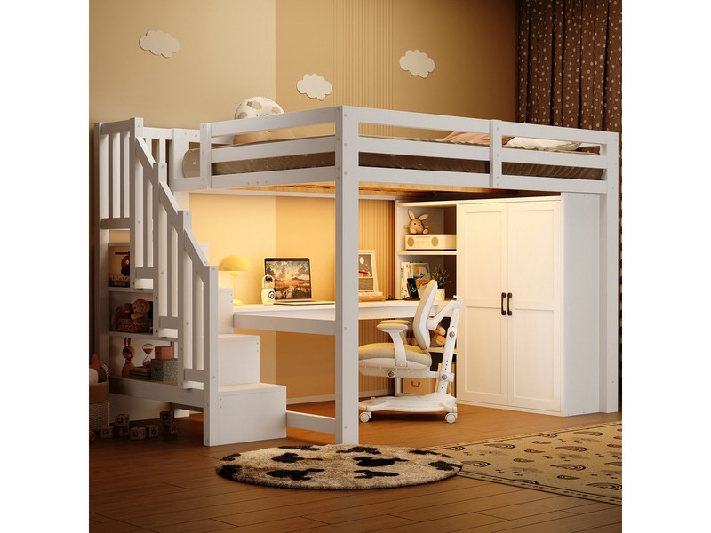 Odikalo Hochbett 140x200 Kinderbett Jugendbett mit Schreibtisch Kleiderschrank und LED (mit Schreibtisch und Regal, Kleiderschrank, Stauraumtreppe, USB und LED-Leuchten, Weiß)
