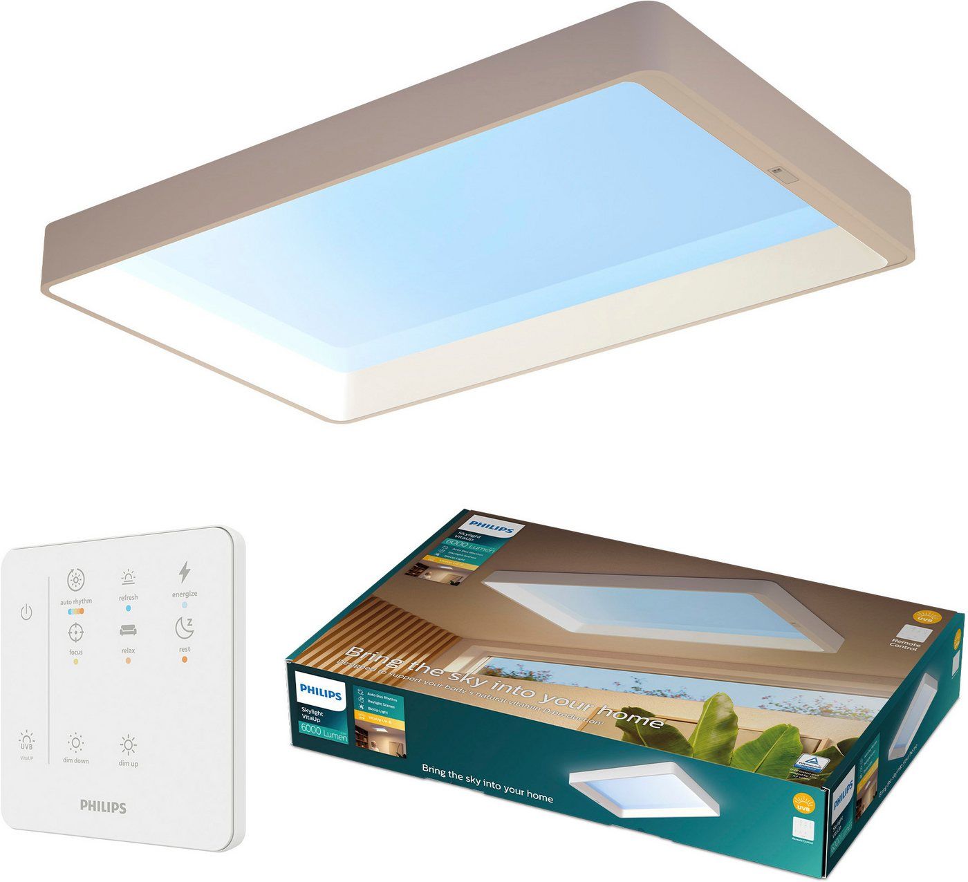 Philips LED Deckenleuchte Skylight VitaUp LED Panel mit Tageslichtsimulation, IP44, Abschaltautomatik, CCT - über Fernbedienung, Dimmfunktion, Ein-/Ausschalter, Farbsteuerung, Farbwechsel, Fernbedienung, Infrarot inkl., Memoryfunktion, Softlichtstart, dimmbar über Fernbedienung, mehrere Helligkeitsstufen, LED fest integriert, Tageslichtweiß, unterstützt Vitamin-D-Produktion, BioUp, inkl. Fernbedienung
