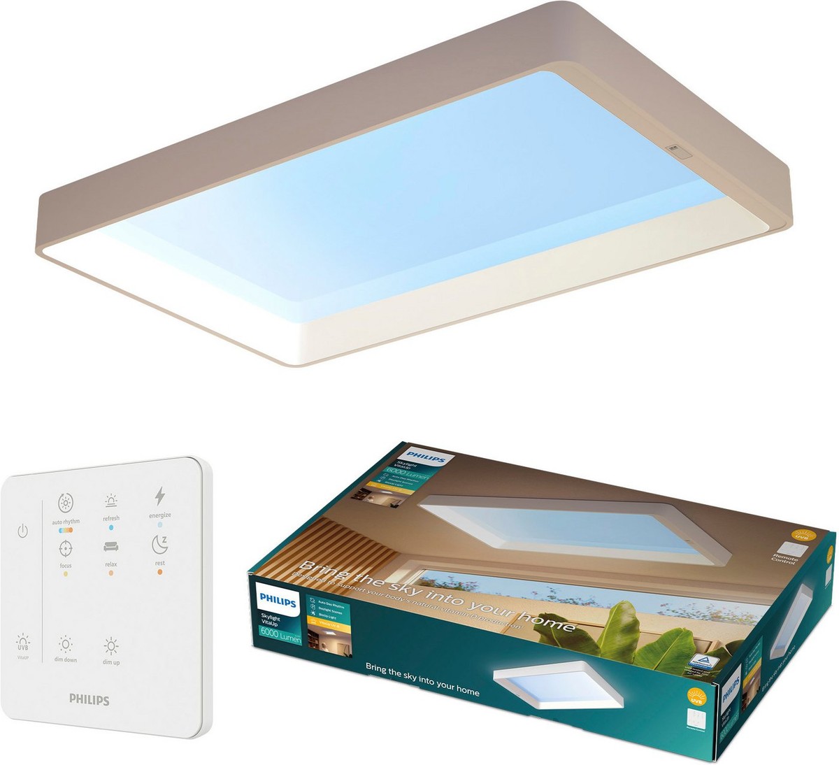 Philips LED Deckenleuchte Skylight VitaUp LED Panel mit Tageslichtsimulation, IP44, Abschaltautomatik, CCT - über Fernbedienung, Dimmfunktion, Ein-/Ausschalter, Farbsteuerung, Farbwechsel, Fernbedienung, Infrarot inkl., Memoryfunktion, Softlichtstart, dimmbar über Fernbedienung, mehrere Helligkeitsstufen, LED fest integriert, Tageslichtweiß, unterstützt Vitamin-D-Produktion, BioUp, inkl. Fernbedienung
