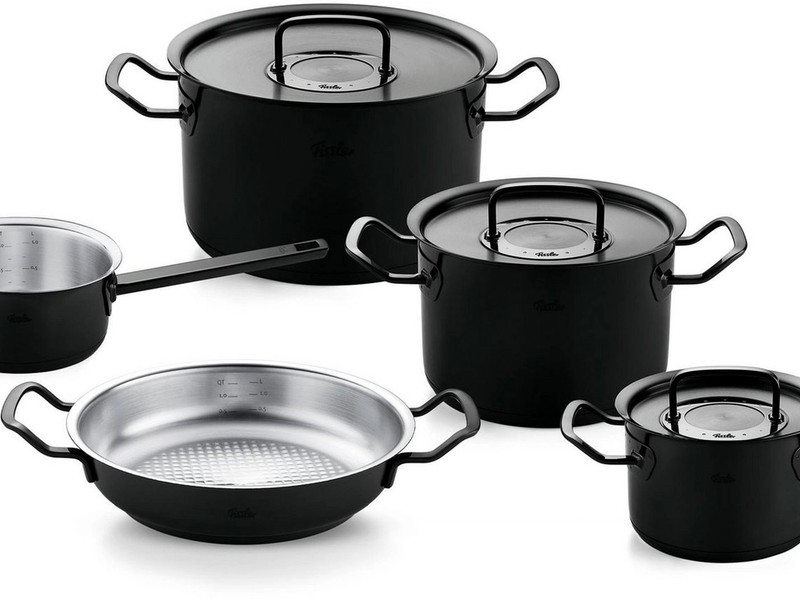 Fissler Topf-Set Original-Profi Collection ShadowLine, Edelstahl 18/10 (Set, 8-tlg., 3 Kochtöpfe mit Metalldeckel, 1 Servierpfanne, 1 Stielkasserolle), Auf 1.800 Stück limitiert, Echtheitszertifikat, Made in Germany