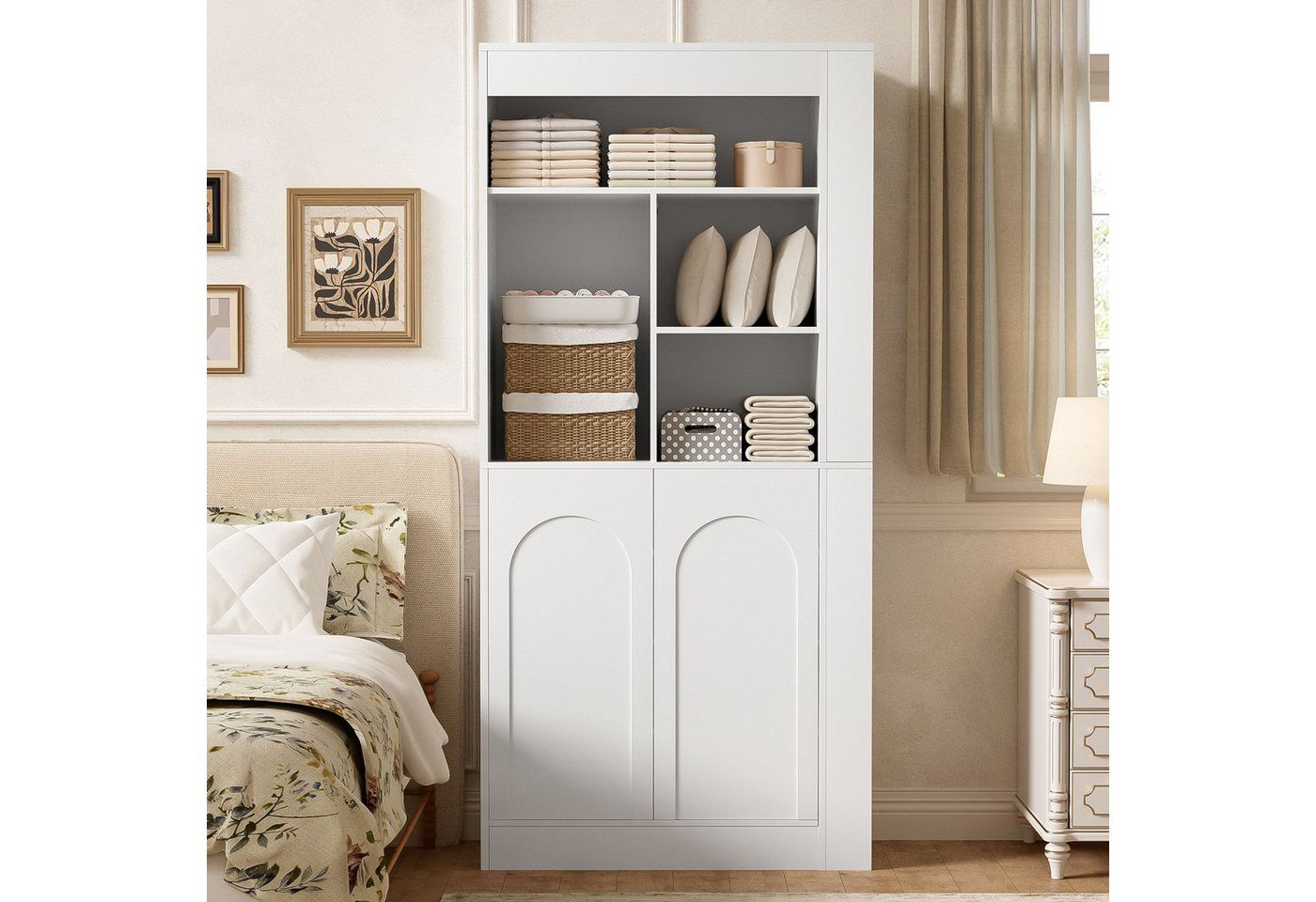 Merax Vitrine Sideboard, Hoher Aufbewahrungsschrank mit offenen Regalen, 2 Türen (1-St., Hochschrank, Mehrzweckschrank) für Wohnzimmer