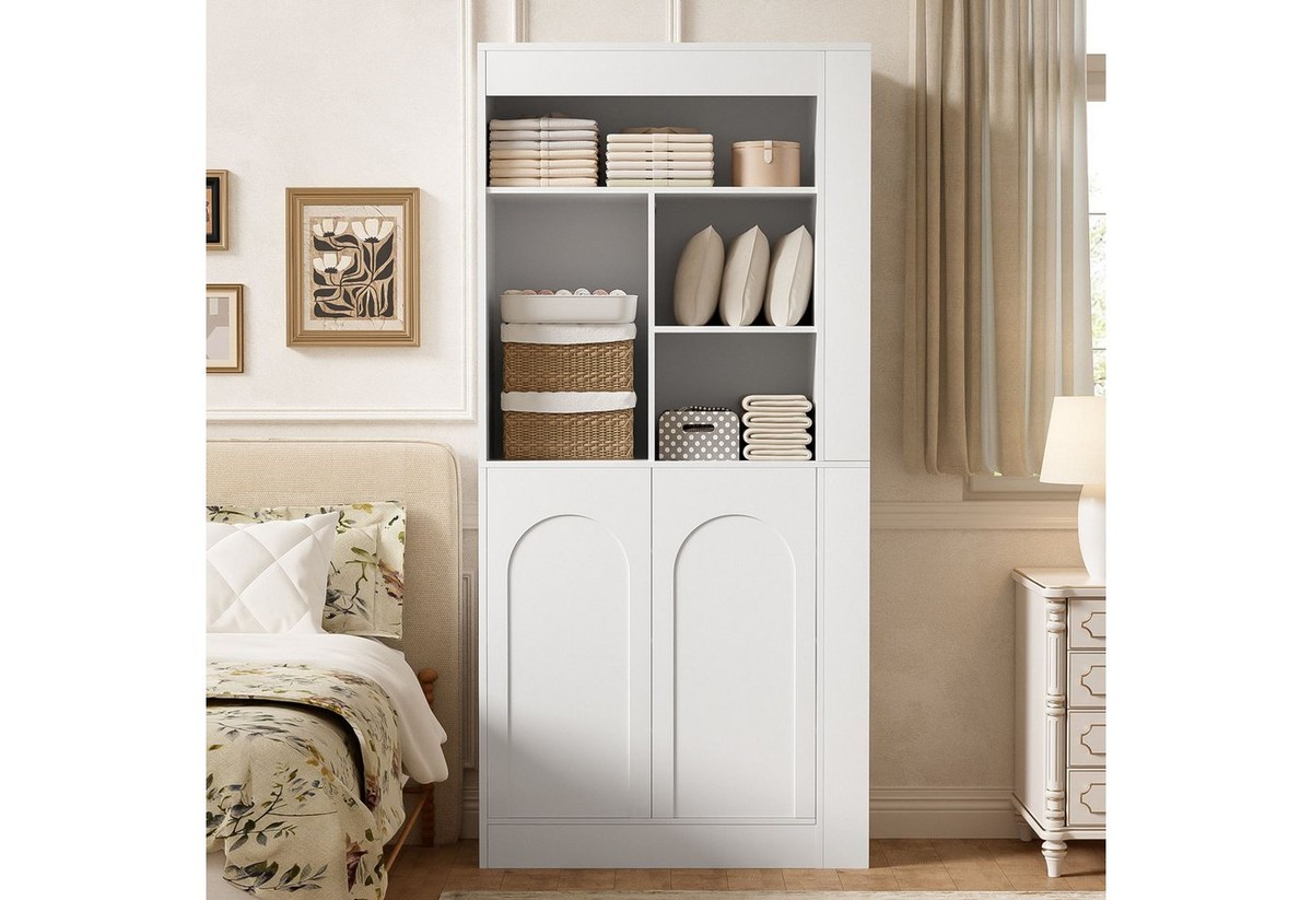 Merax Vitrine Sideboard, Hoher Aufbewahrungsschrank mit offenen Regalen, 2 Türen (1-St., Hochschrank, Mehrzweckschrank) für Wohnzimmer