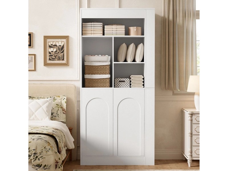 Merax Vitrine Sideboard, Hoher Aufbewahrungsschrank mit offenen Regalen, 2 Türen (1-St., Hochschrank, Mehrzweckschrank) für Wohnzimmer
