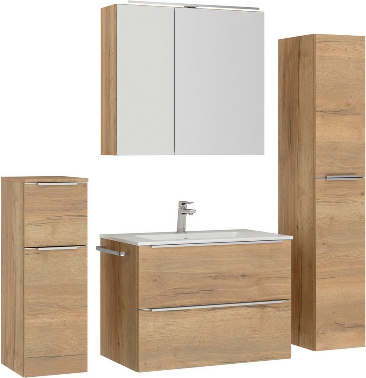 nobilia® Badmöbel-Set Levere, (4-St., vormontiert, mit Soft-Close), inkl. Spiegelschrank mit Beleuchtung und Dimmerfunktion, in 4 Breiten