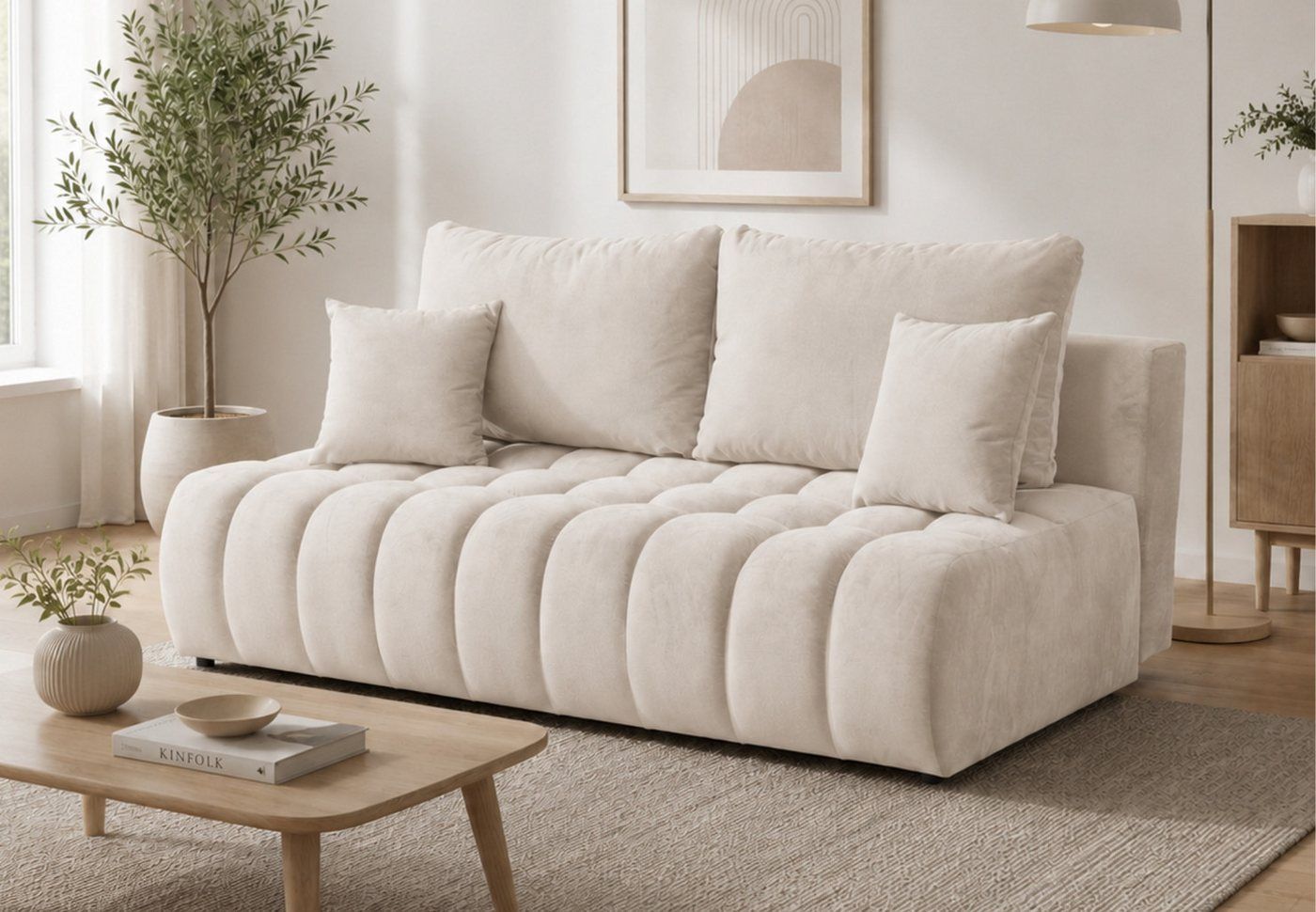 Home Collective Sofa Couch Schlafsofa ohne Armlehnen Schlaffunktion & Bettkasten, 200 cm, Gästebett Schlafcouch ausziehbar, Polsterung aus Bonnell-Federkern und Schaumstoff, weicher Stoff, platzsparendes Lounge-Design, inklusive Kissen Beige