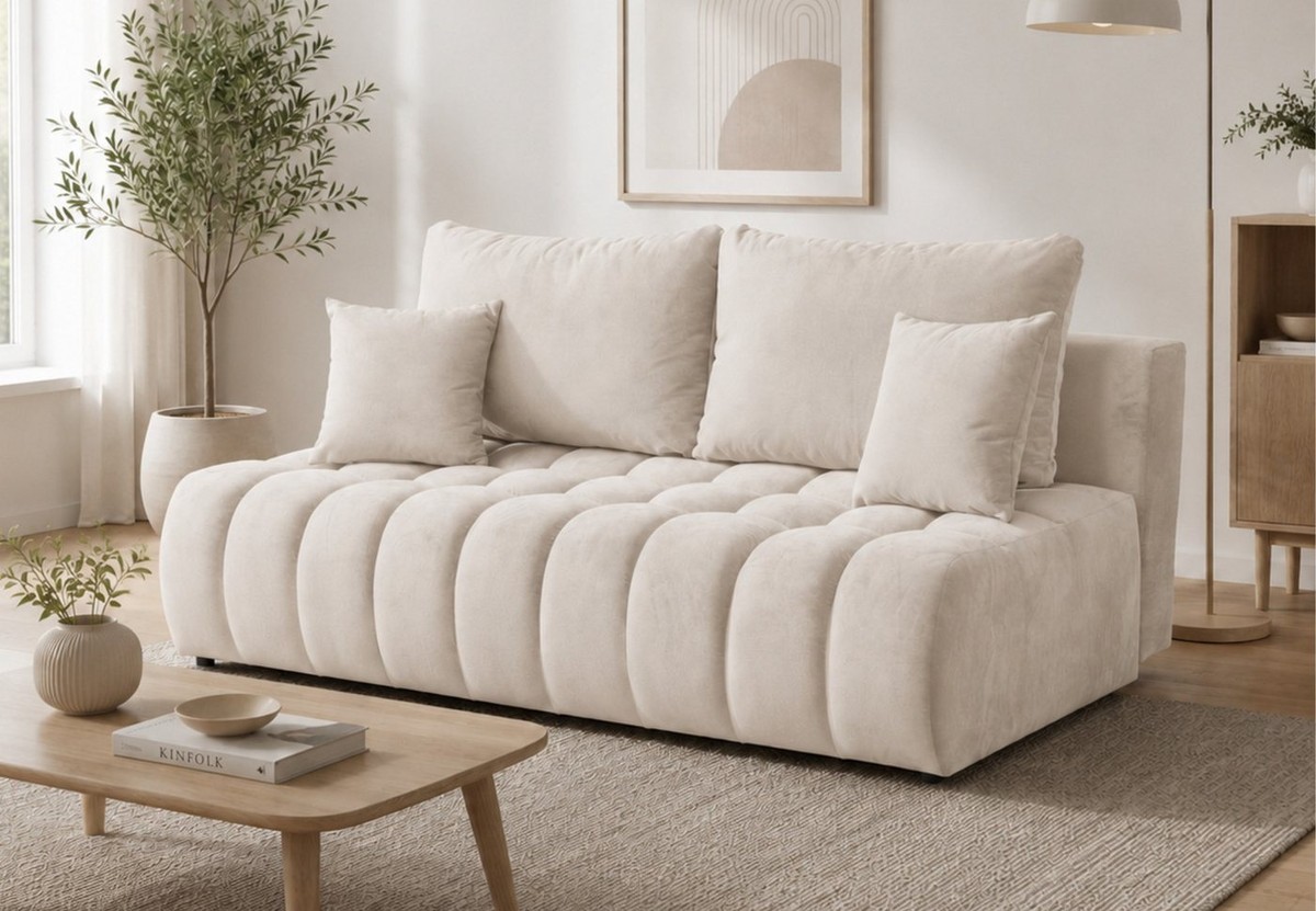 Home Collective Sofa Couch Schlafsofa ohne Armlehnen Schlaffunktion & Bettkasten, 200 cm, Gästebett Schlafcouch ausziehbar, Polsterung aus Bonnell-Federkern und Schaumstoff, weicher Stoff, platzsparendes Lounge-Design, inklusive Kissen Beige
