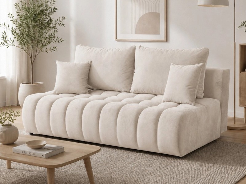 Home Collective Sofa Couch Schlafsofa ohne Armlehnen Schlaffunktion & Bettkasten, 200 cm, Gästebett Schlafcouch ausziehbar, Polsterung aus Bonnell-Federkern und Schaumstoff, weicher Stoff, platzsparendes Lounge-Design, inklusive Kissen Beige