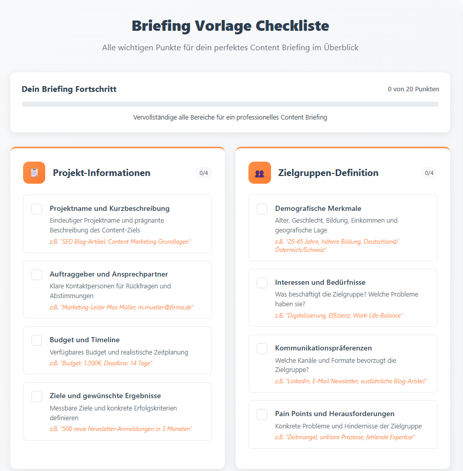 Briefing Vorlage Checkliste Beispiel