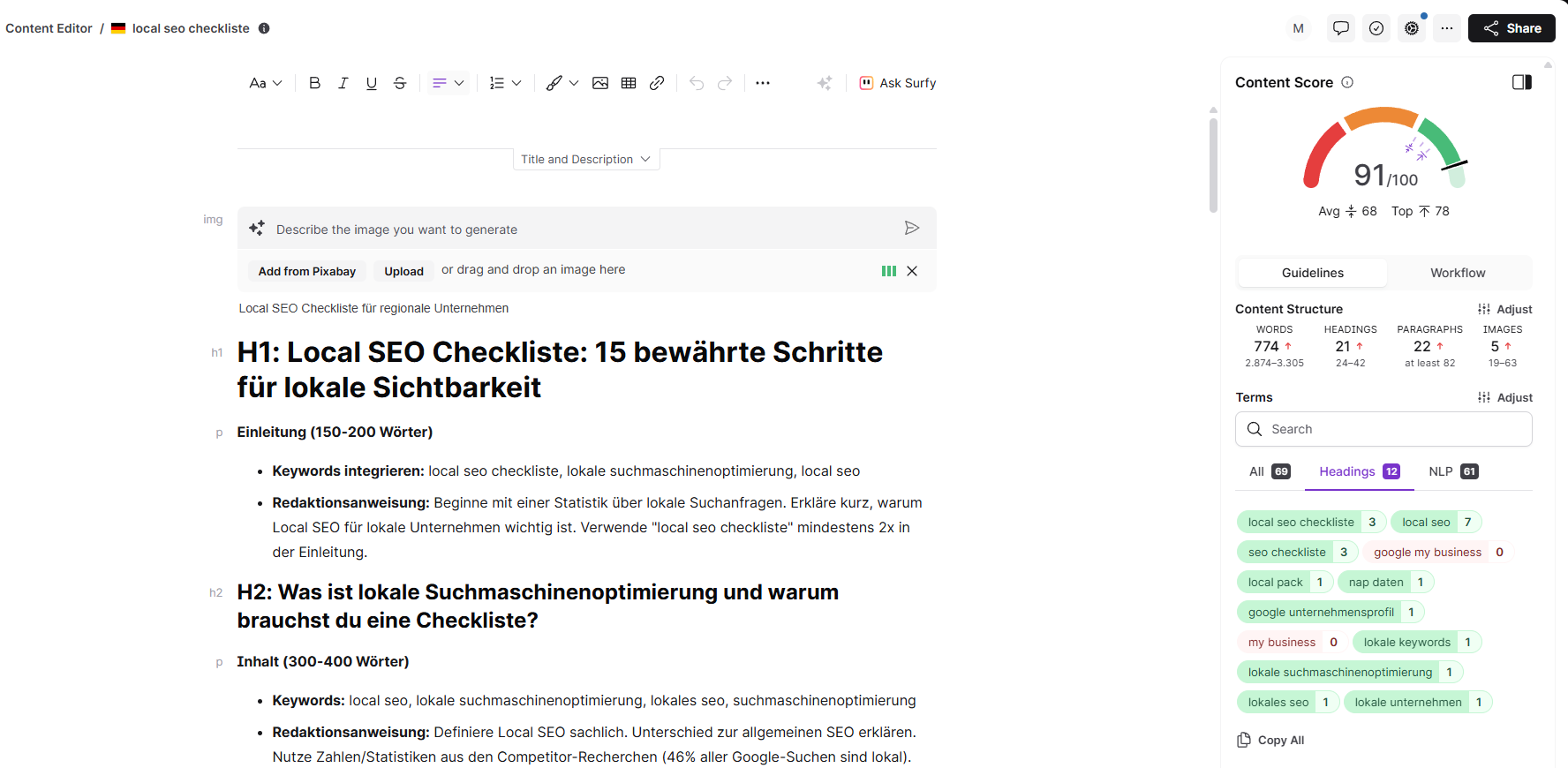 Content Briefing Beispiel direkt aus dem Surfer Editor