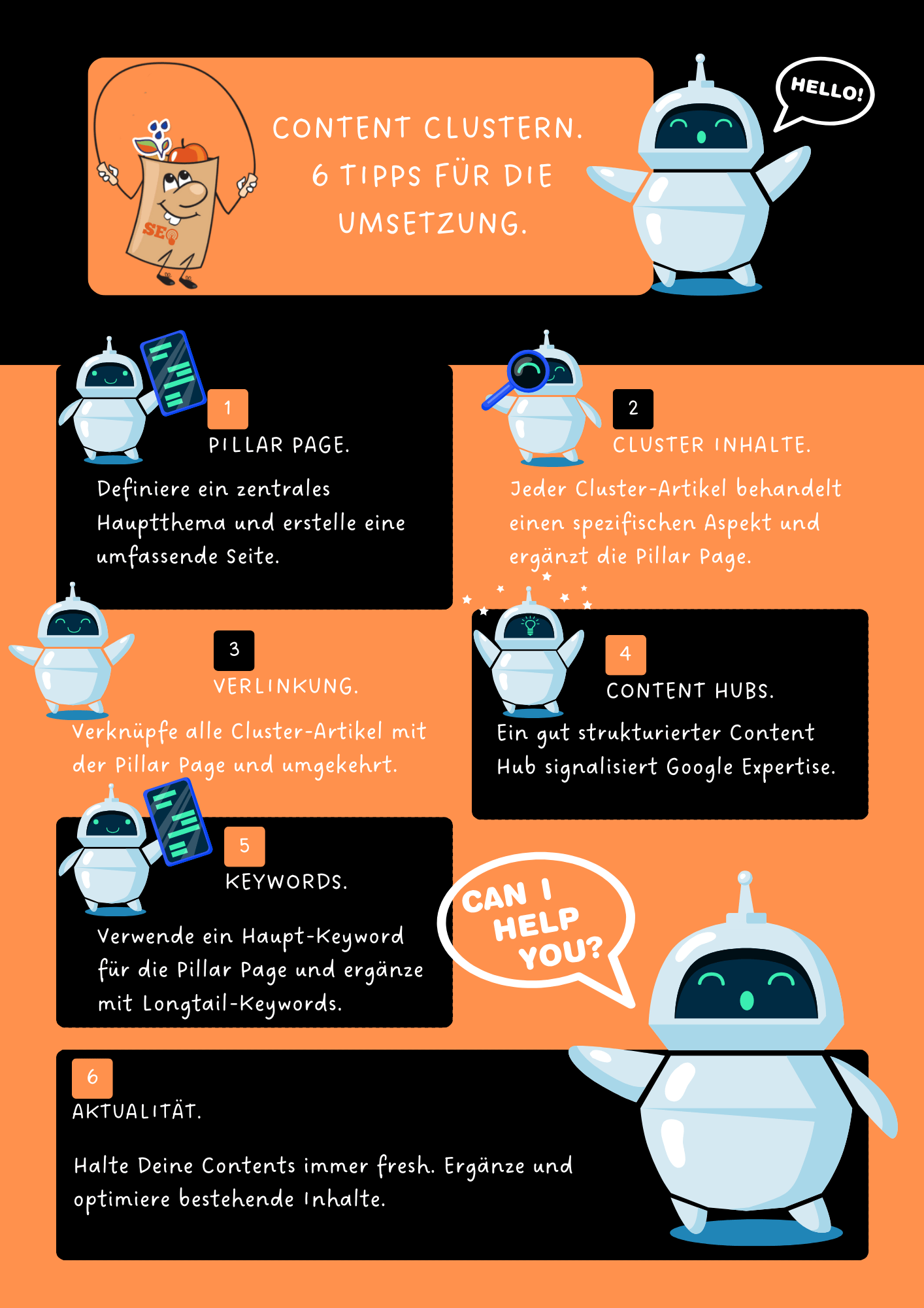 Content richtig clustern. 6 Tipps in der Infografik. Fitte Tüte.