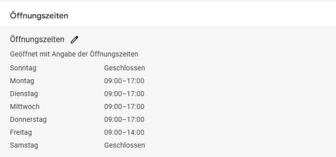 Bild zeigt die Öffnungszeiten eines Unternehmens in Google