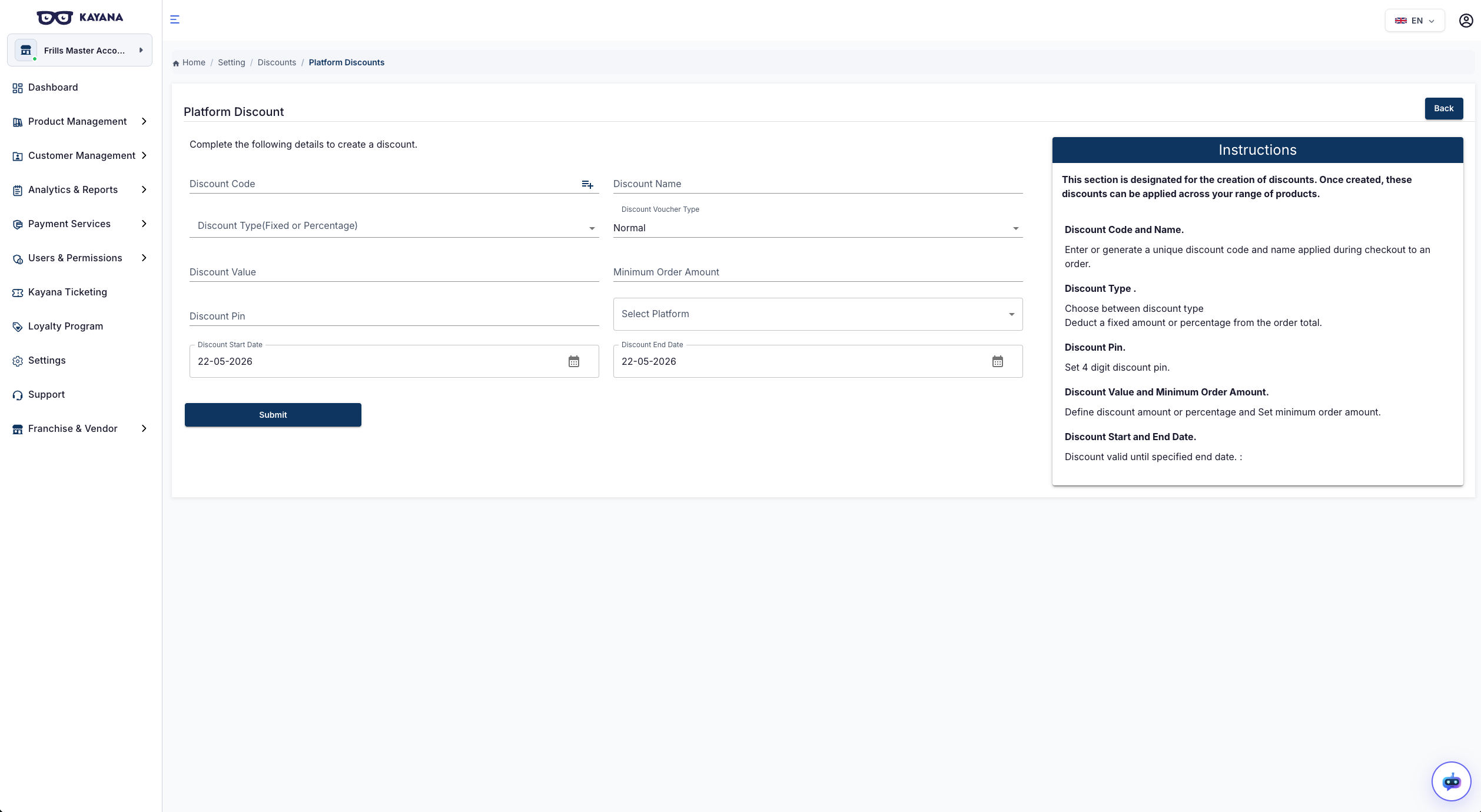Una vista de la sección Descuentos de Plataforma dentro de la sección Descuentos en la plataforma Kayana Partner Admin.