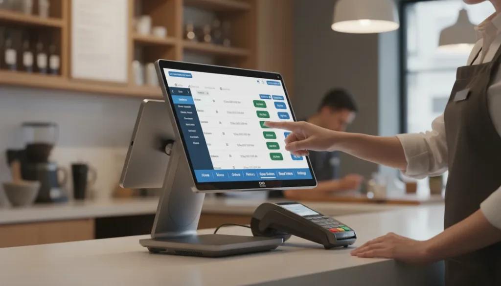 A cafe barista using Kayana epos to use AI functions