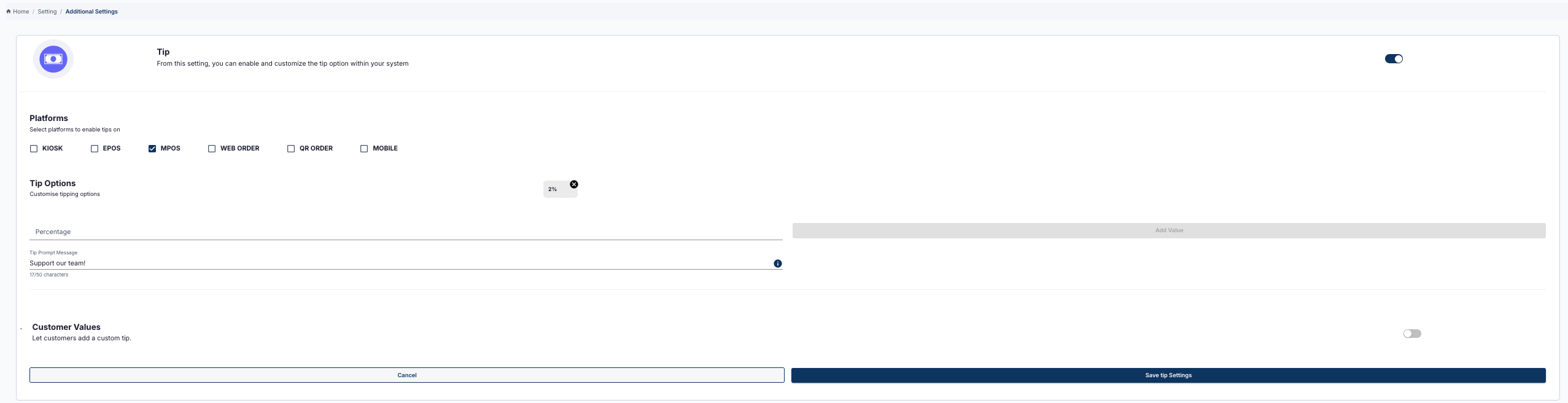 Tipsgedeelte onder aanvullende instellingen in Kayana Partner admin.