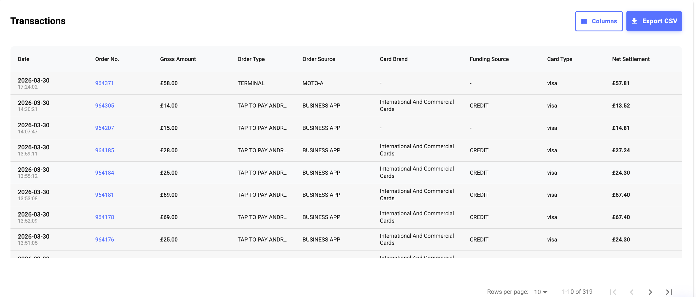 Een weergave van de sectie Transacties in Payouts op Kayana Partner Admin.