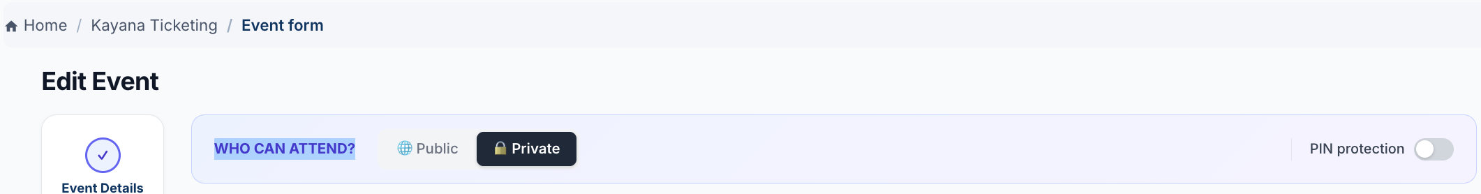 Una vista del control de alternancia de protección por PIN (junto al control de visibilidad)