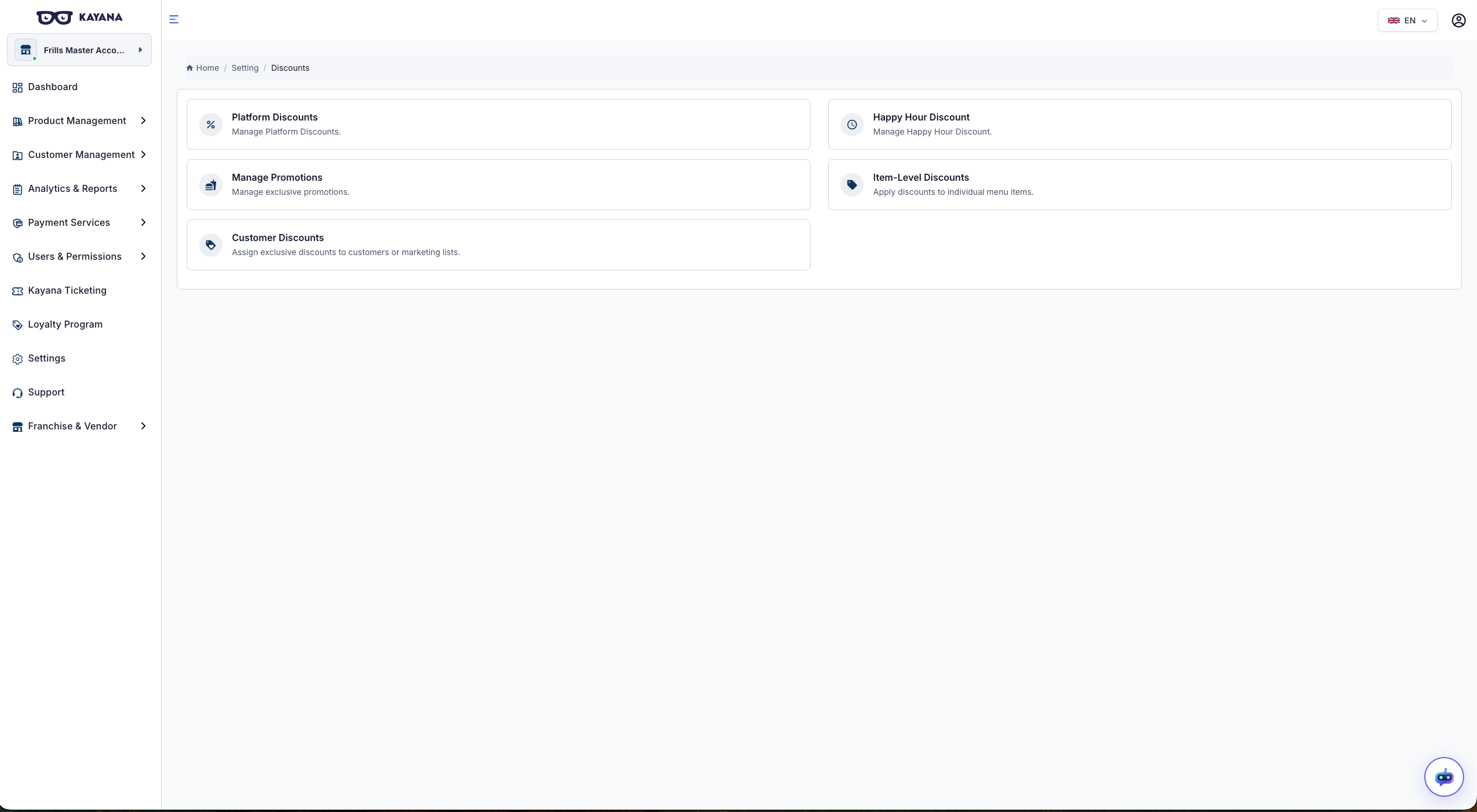 Una vista de la pantalla de Descuentos en la plataforma Kayana Partner Admin.