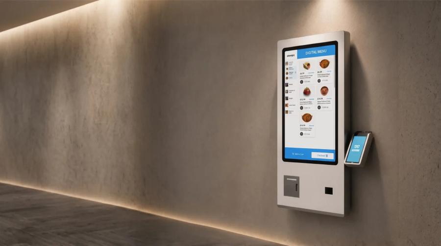Kayana's wall-mounted self-service ordering kiosk with a digital menu touchscreen display mounted on a concrete wall with warm accent lighting.