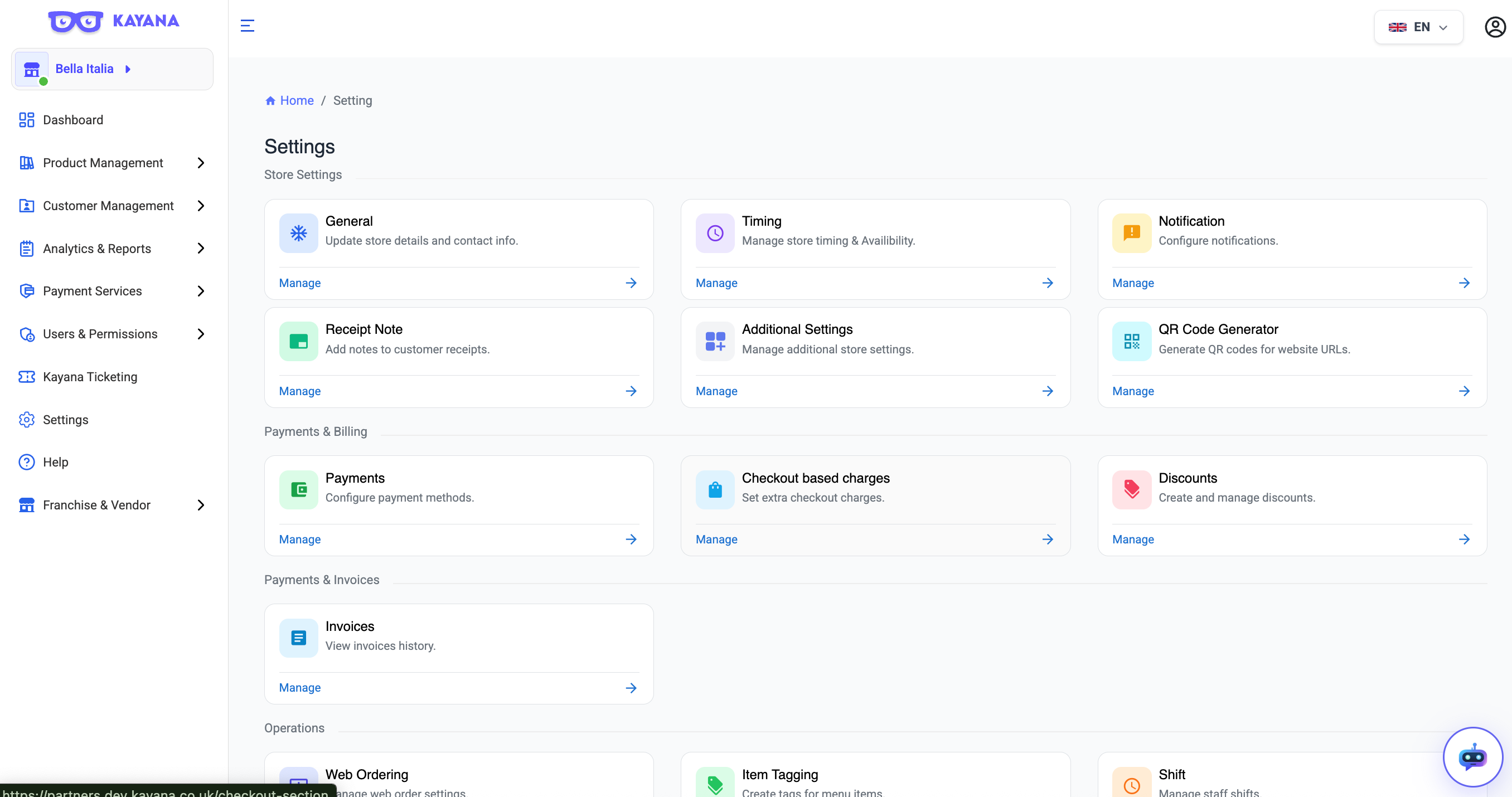 Weergave van het instellingenrooster op Kayana Partner admin