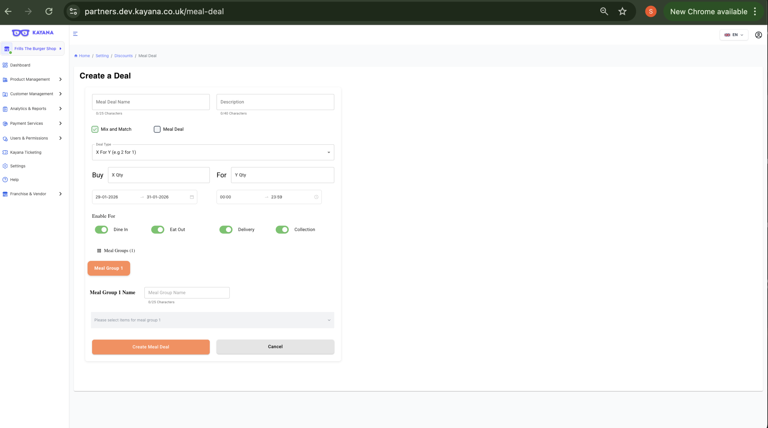 Scherm Nieuwe aanbieding maken in Kayana Partner Admin voor het instellen van meal deals en mix and match-aanbiedingen