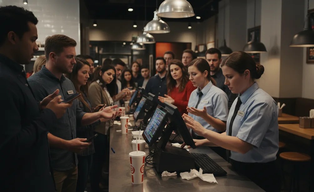 Busy restaurant dining area during a new location opening