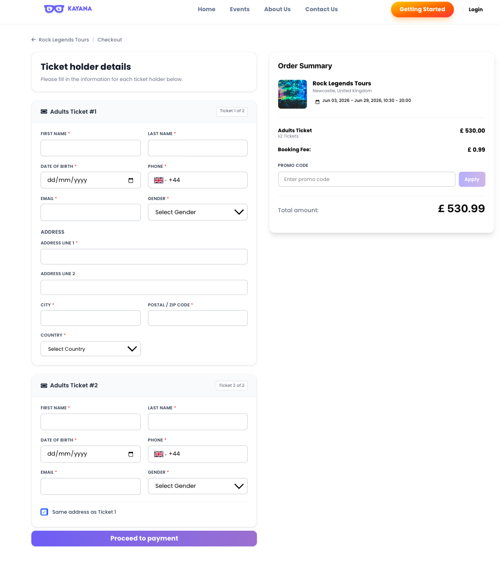 Una vista de la página de checkout del evento.