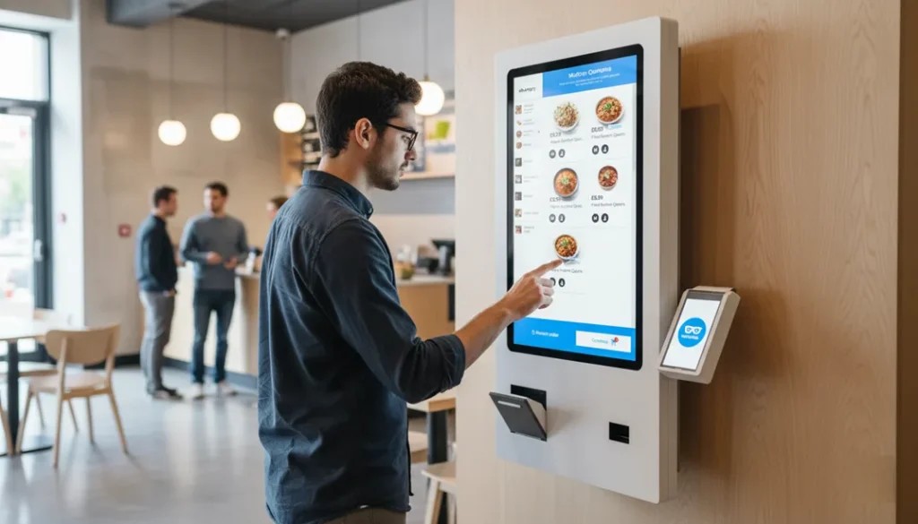 Customer using a self-service kiosk at a UK café