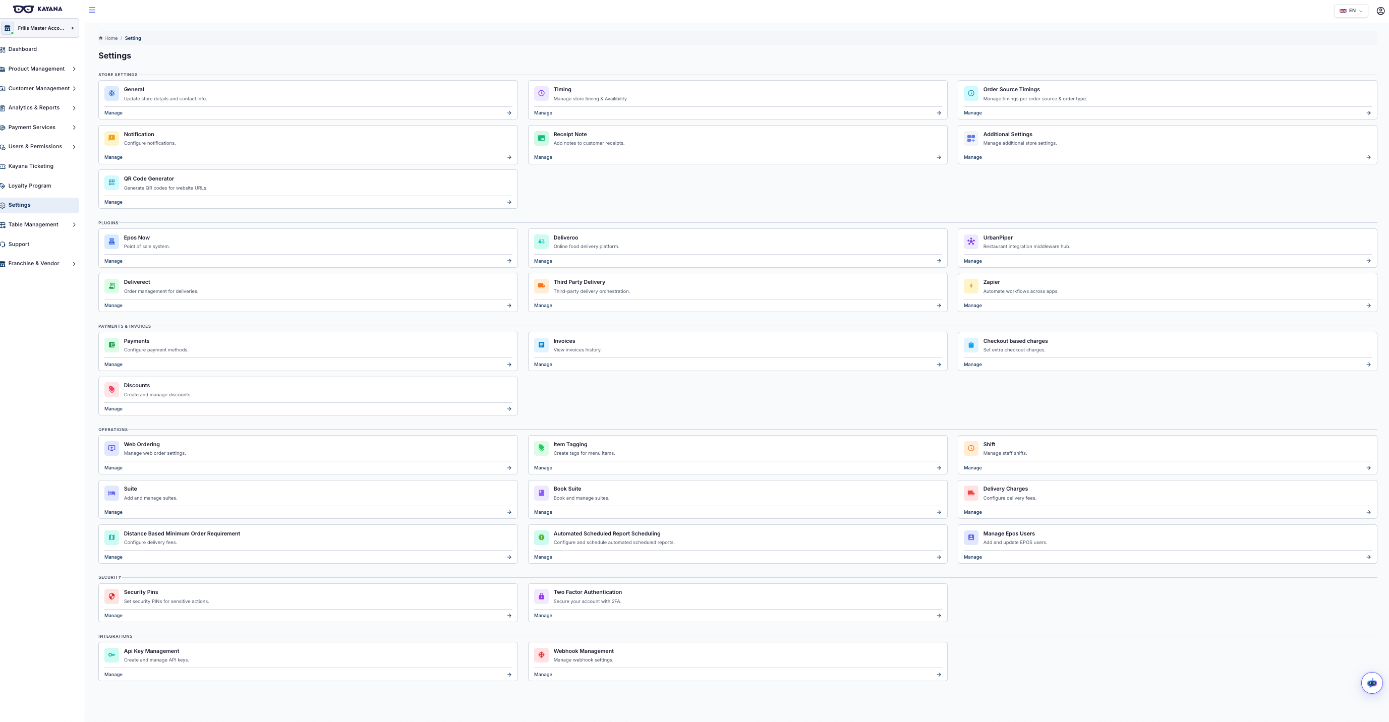 Een weergave van het instellingenscherm in Kayana Partner admin.