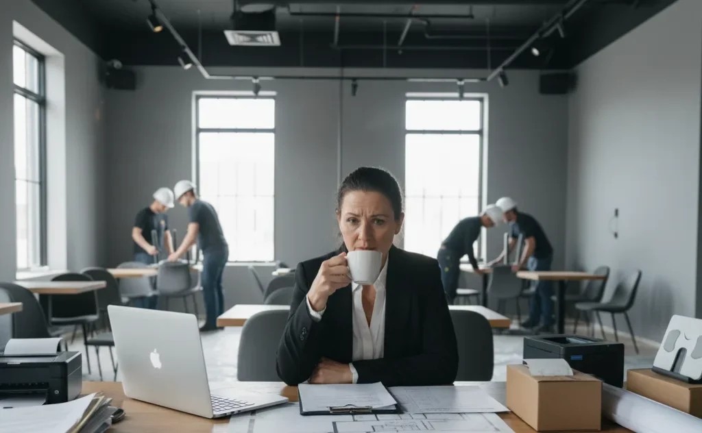 Restaurant manager working at a table during a new location opening