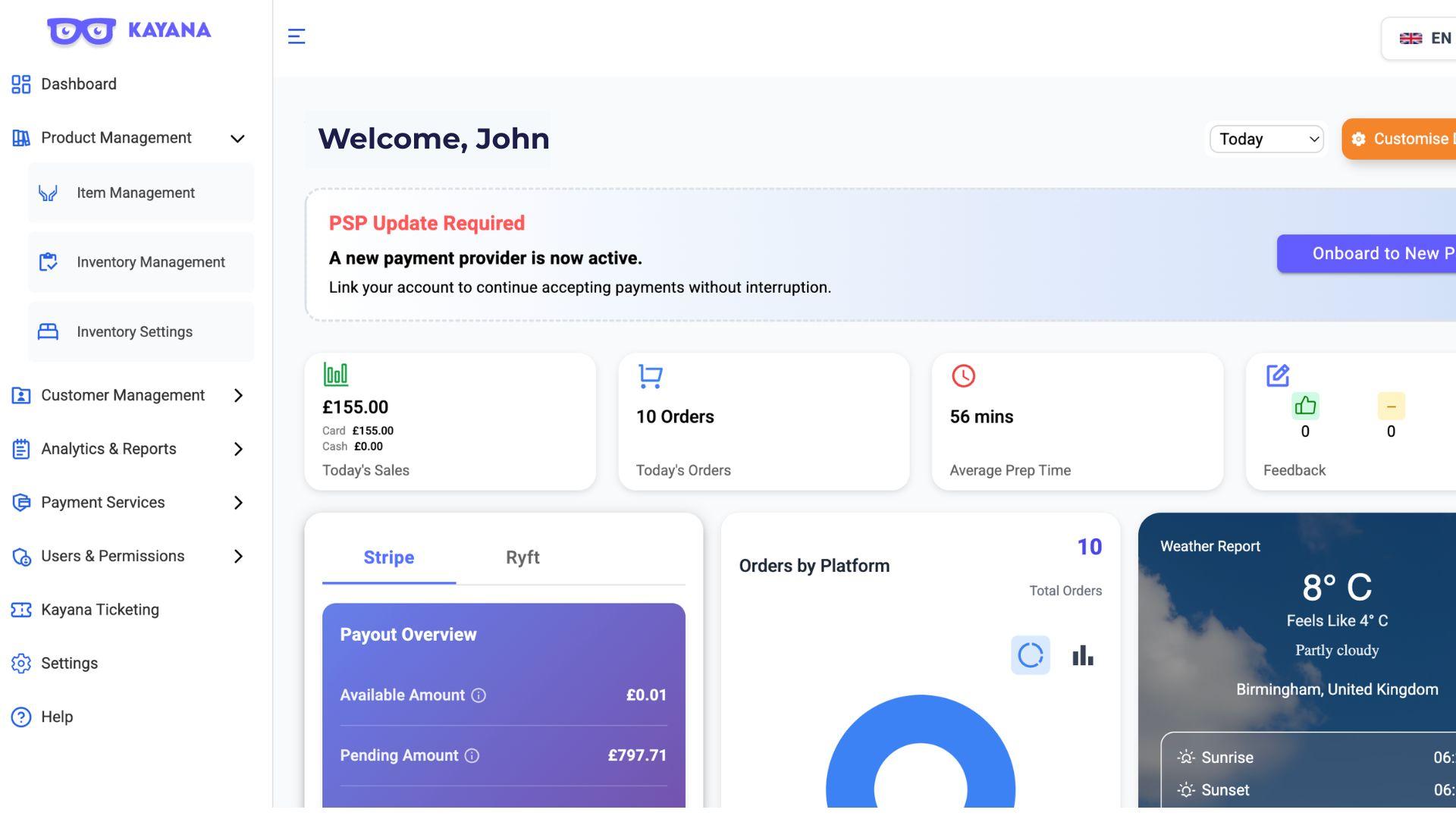 Een weergave van het Kayana Partner Admin-dashboard