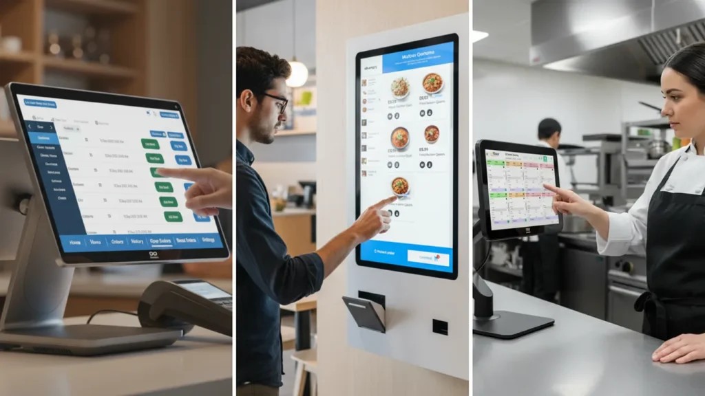 Collage of EPOS, Self-Service Kiosks for Restaurant and KDS