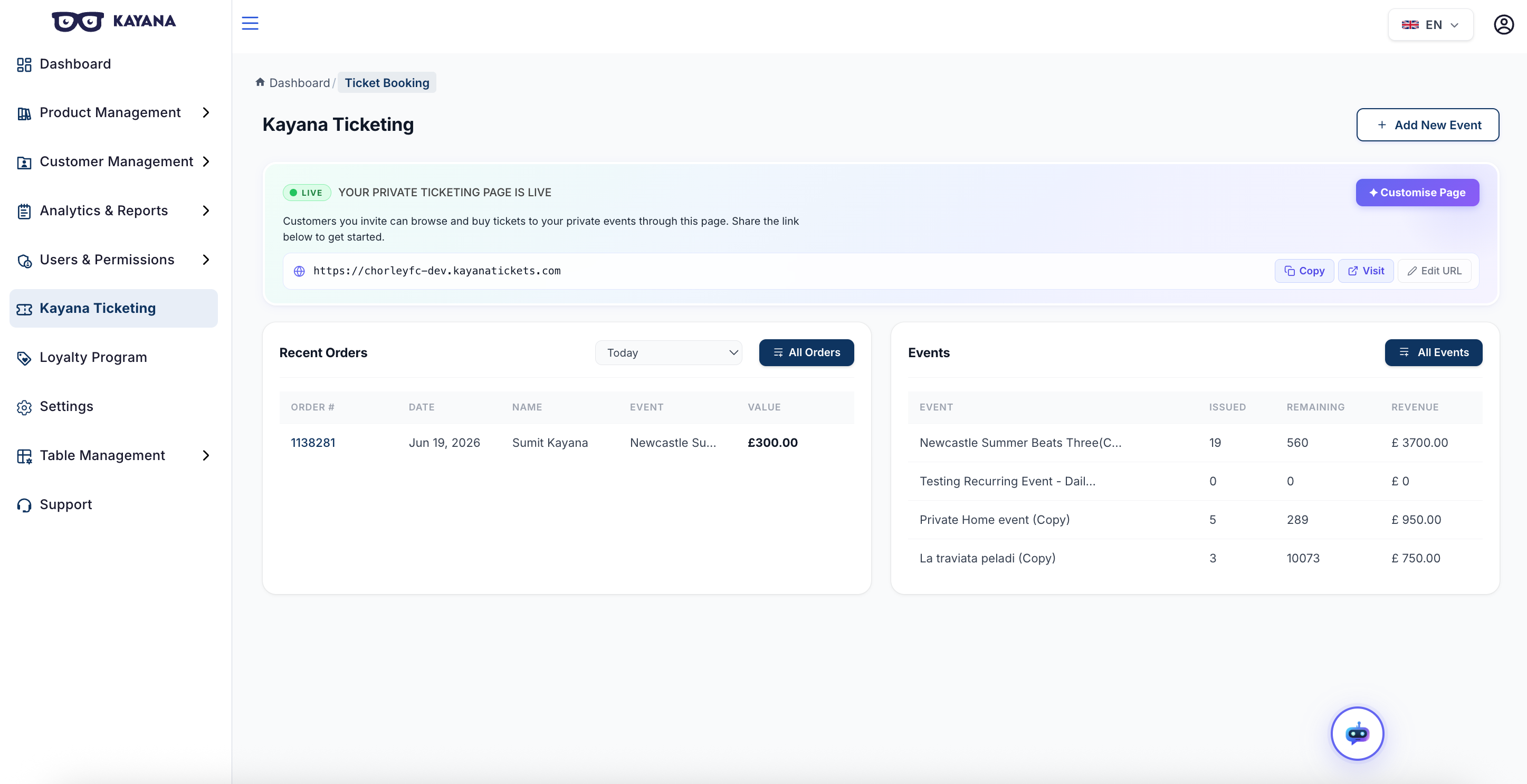 Una vista del panel de control de Kayana Ticketing.