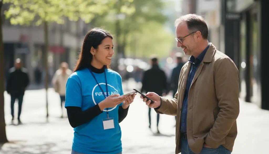 A donor paying volunteer using Kayana's tap to pay with the help of Kayana for Charity