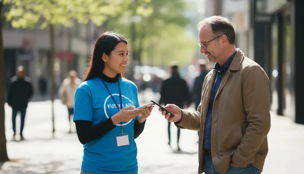 A donor paying volunteer using Kayana's tap to pay with the help of Kayana for Charity