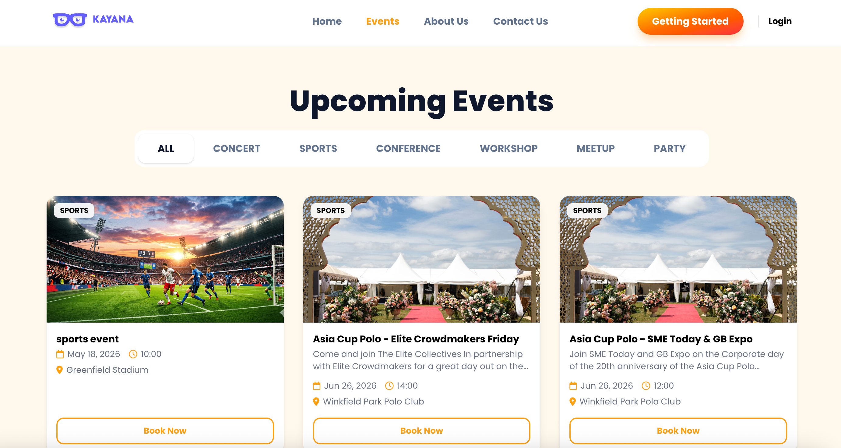 Una vista de la página de Eventos en la plataforma Kayana tickets.