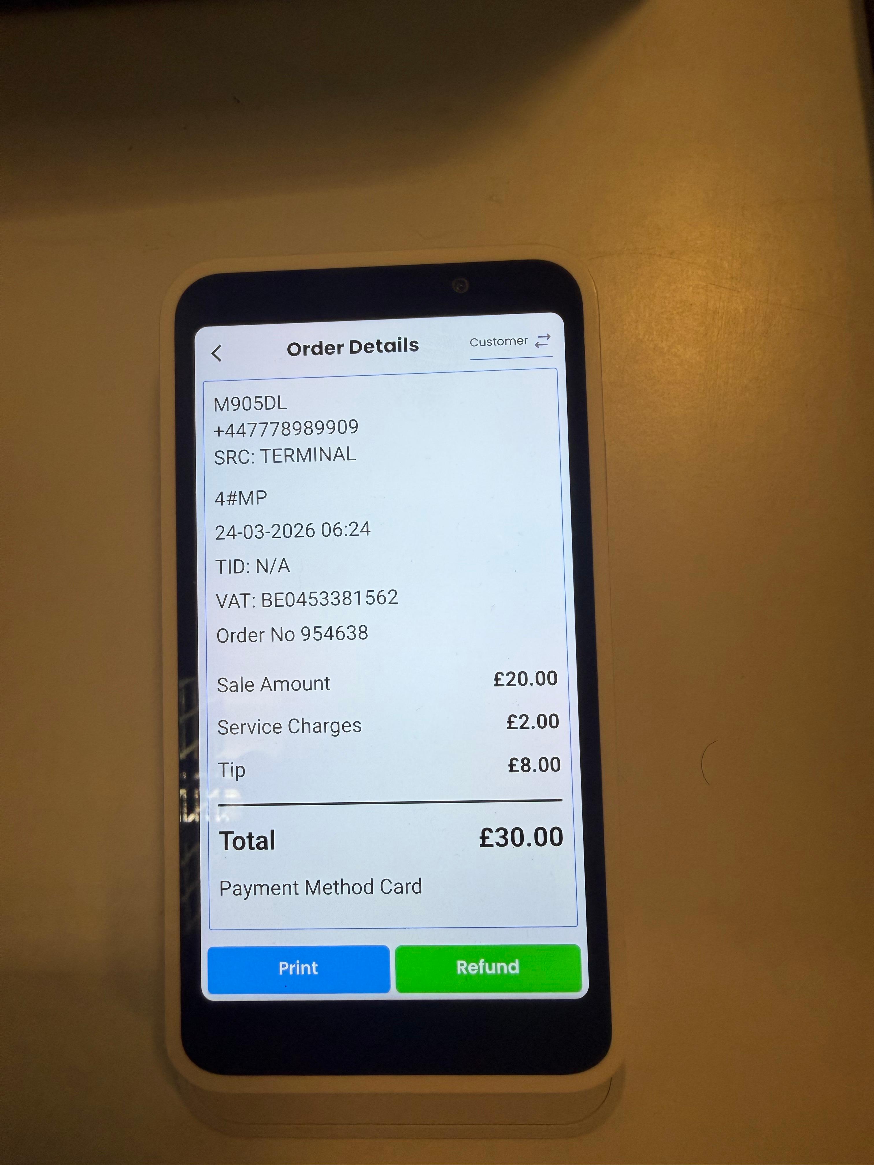 Een weergave van het scherm met orderdetails in de Kayana mPOS-applicatie.