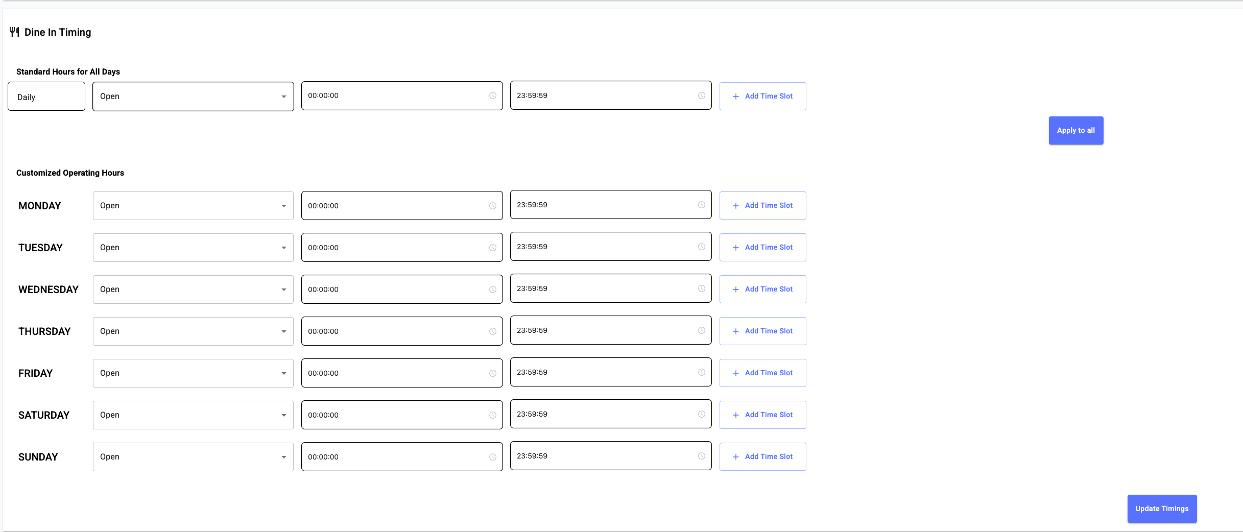 Weergave van het Timings-scherm op het Kayana Partner Admin-dashboard, met bewerkbare rijen voor elke dag van de week met invoervelden voor start- en stoptijd, een vervolgkeuze voor "Open/Closed" status, en knoppen om extra tijdslots toe te voegen of te verwijderen. – image 3