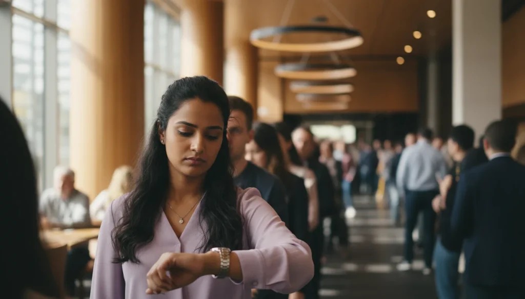 Customer checking watch while standing in a long restaurant queue, slightly frustrated expression, blurred crowd in background, natural lighting, candid stock photography