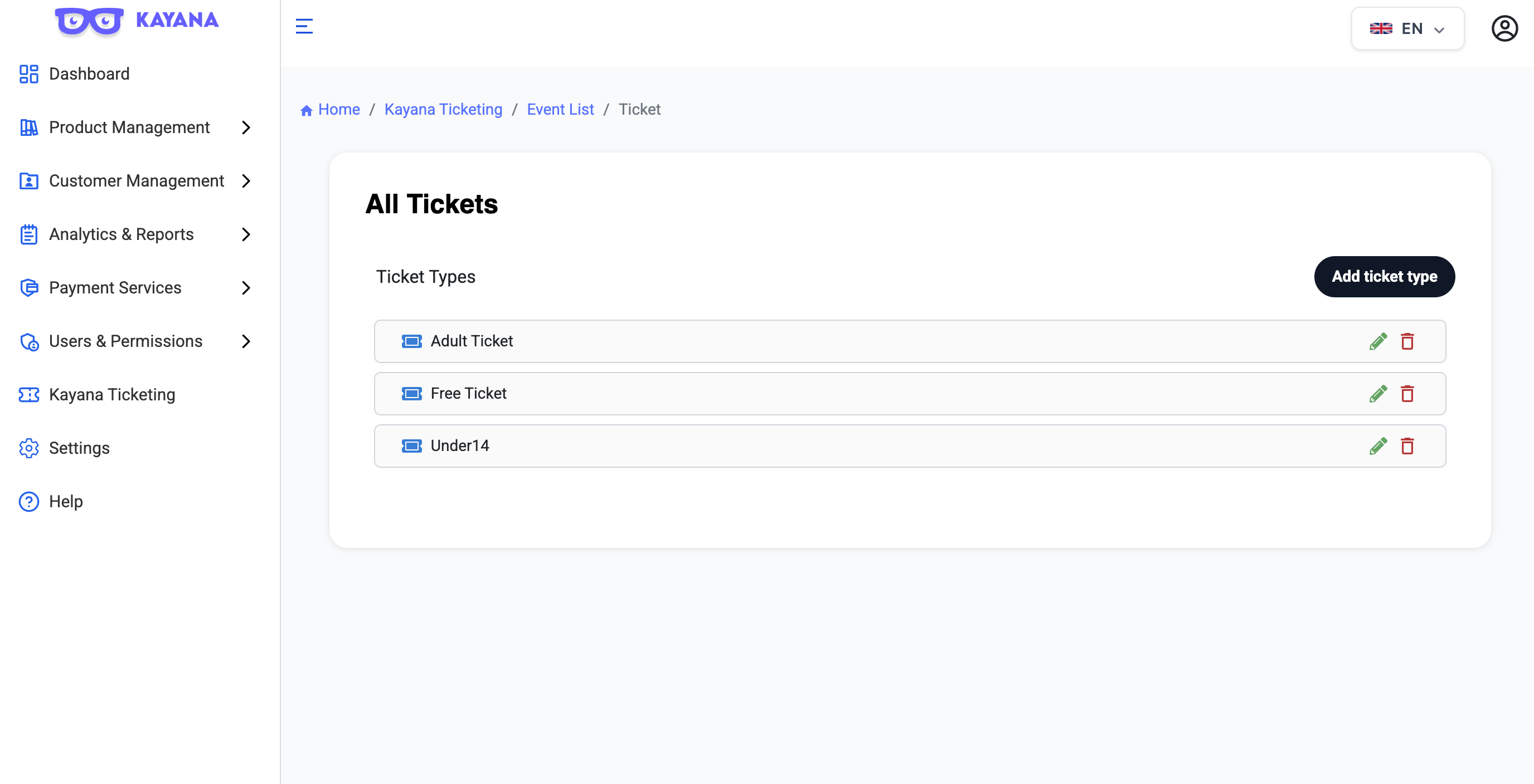 Tipos de entradas en Kayana Tickets — paso 1