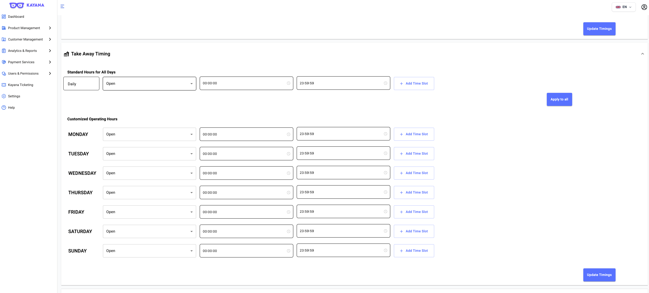 Weergave van het Timings-scherm op het Kayana Partner Admin-dashboard, met bewerkbare rijen voor elke dag van de week met invoervelden voor start- en stoptijd, een vervolgkeuze voor "Open/Closed" status, en knoppen om extra tijdslots toe te voegen of te verwijderen.