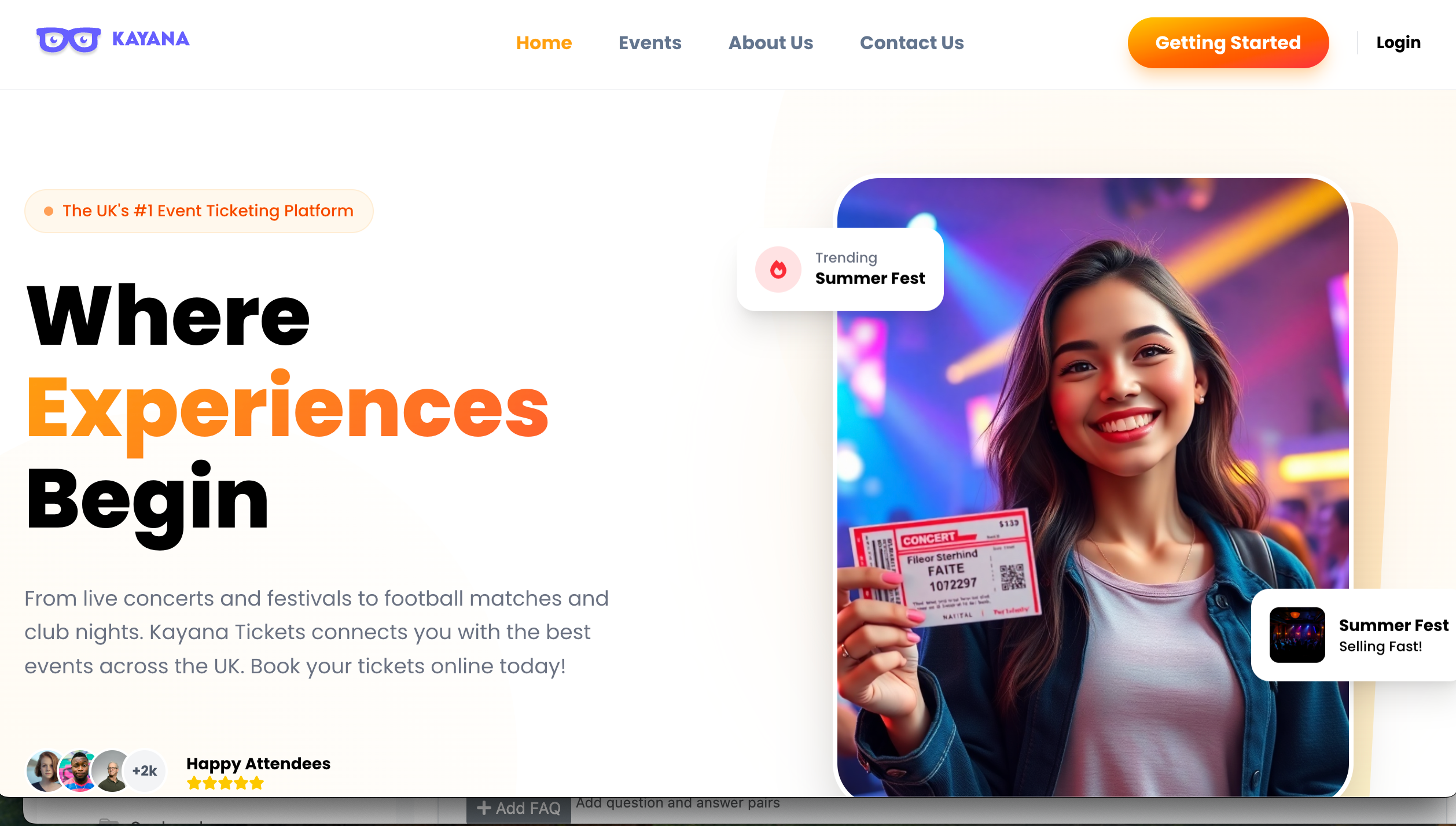 Una vista de la plataforma Kayana tickets.