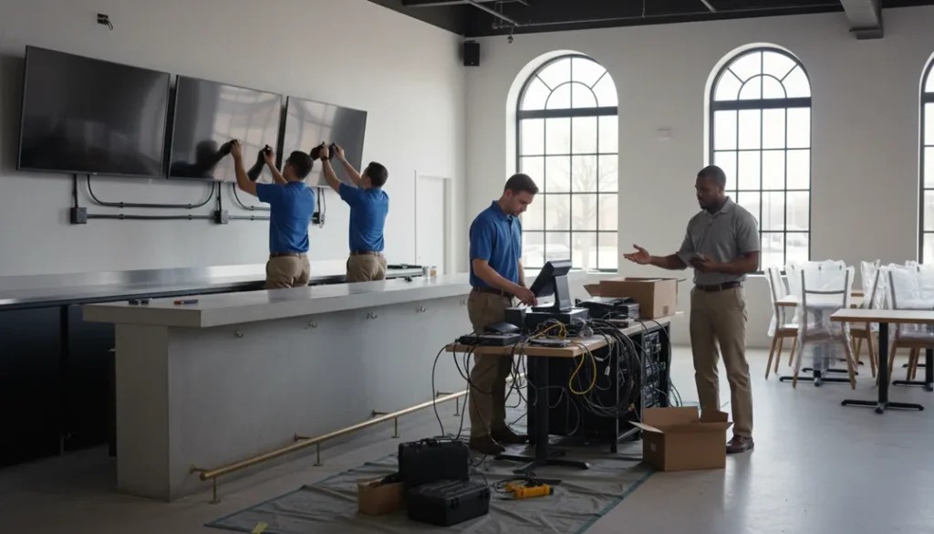 Restaurant staff using digital ordering technology during a new location setup