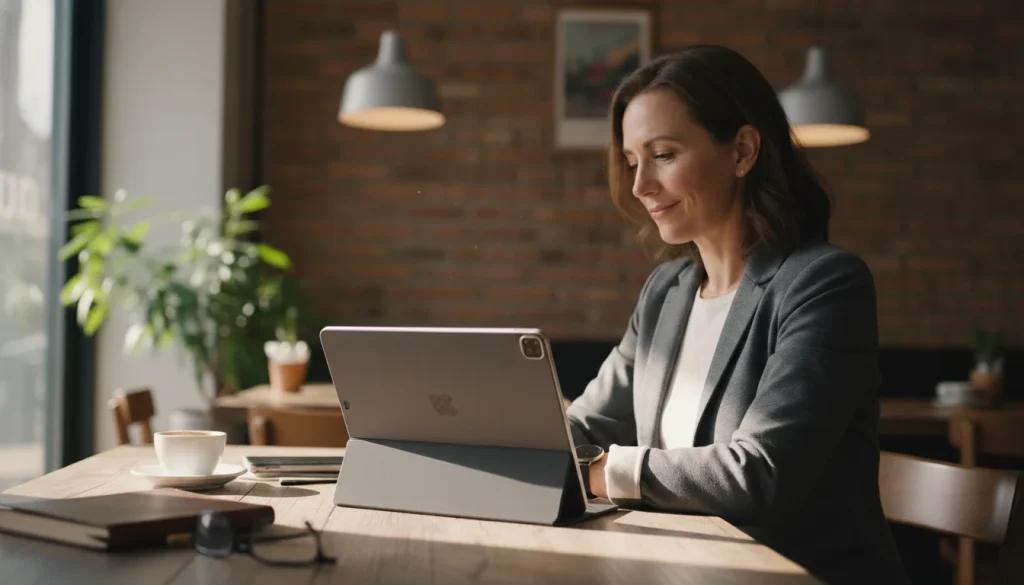 Restaurant manager using an AI chatbot on a laptop at a café table, asking about sales or staffing, over-the-shoulder view with warm natural light.