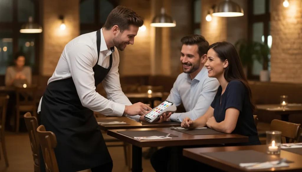 AI is transforming hospitality as a waiter processes a contactless payment on a handheld POS device at a restaurant table, with confirmation visible on screen.